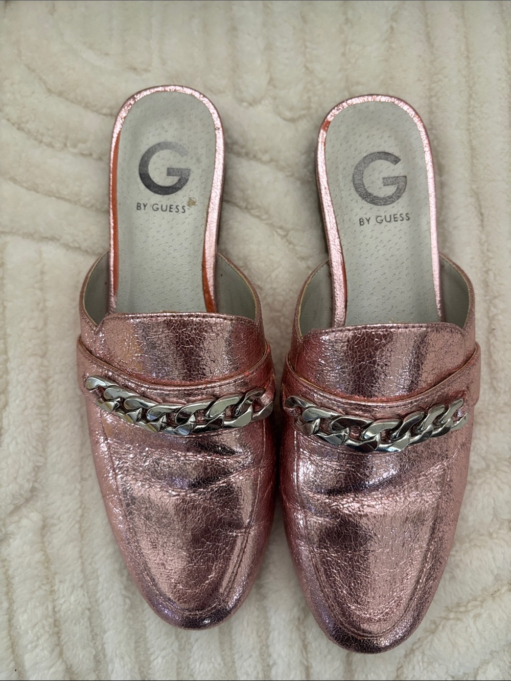 G by Guess Metallic Rose Gold Chain-Trim Slip-On Mules